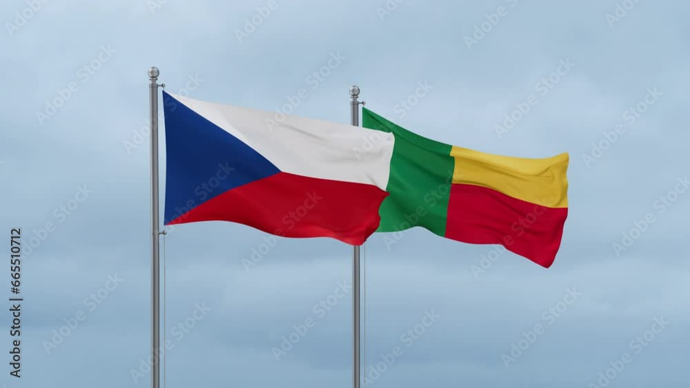 Czech flag and Benin flag waving together on cloudy sky, endless seamless loop Czech flag and Benin flag waving together on cloudy sky, endless seamless loop