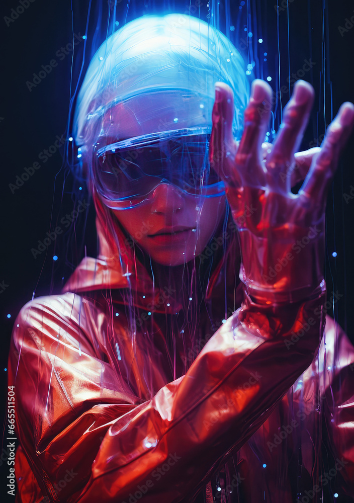 Digital Dystopia: A Glitch Neon Style Person Poster Reflecting the Harmonic Chaos of Human and Machine Interaction, Crafted by Generative AI Digital Dystopia: A Glitch Neon Style Person Poster Reflecting the Harmonic Chaos of Human and Machine Interaction, Crafted by Generative AI