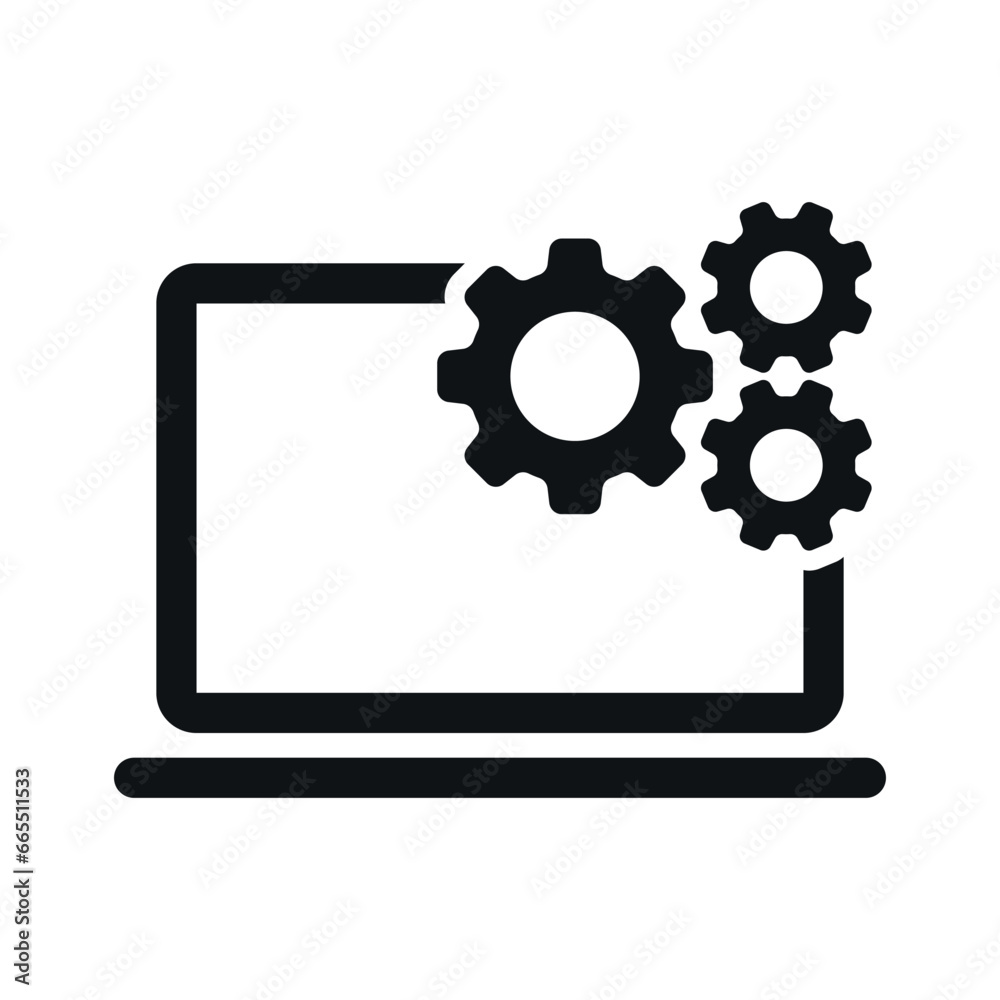 Notebook display with gear setup. Application pictogram, vector icon. Notebook display with gear setup. Application pictogram, vector icon.