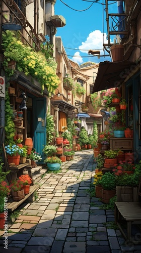 street in the town with pebble road and flower boutiques © Yi_Studio