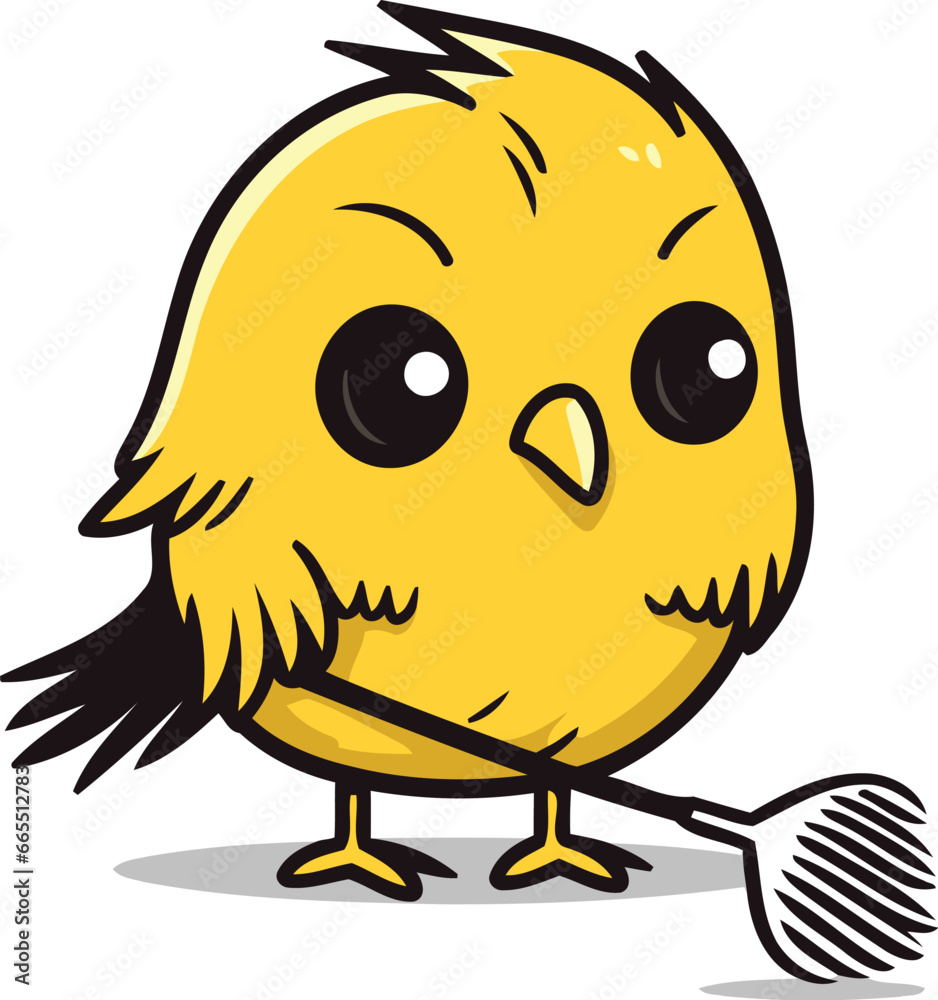 cute yellow chick with rake isolated on white background. vector illustration