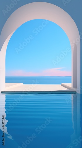 view of the sea from the white arch window © Yi_Studio