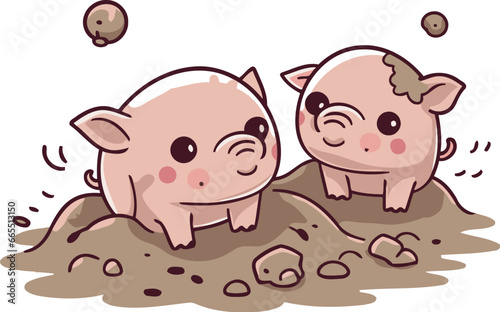 Illustration of two cute pigs in the mud on a white background