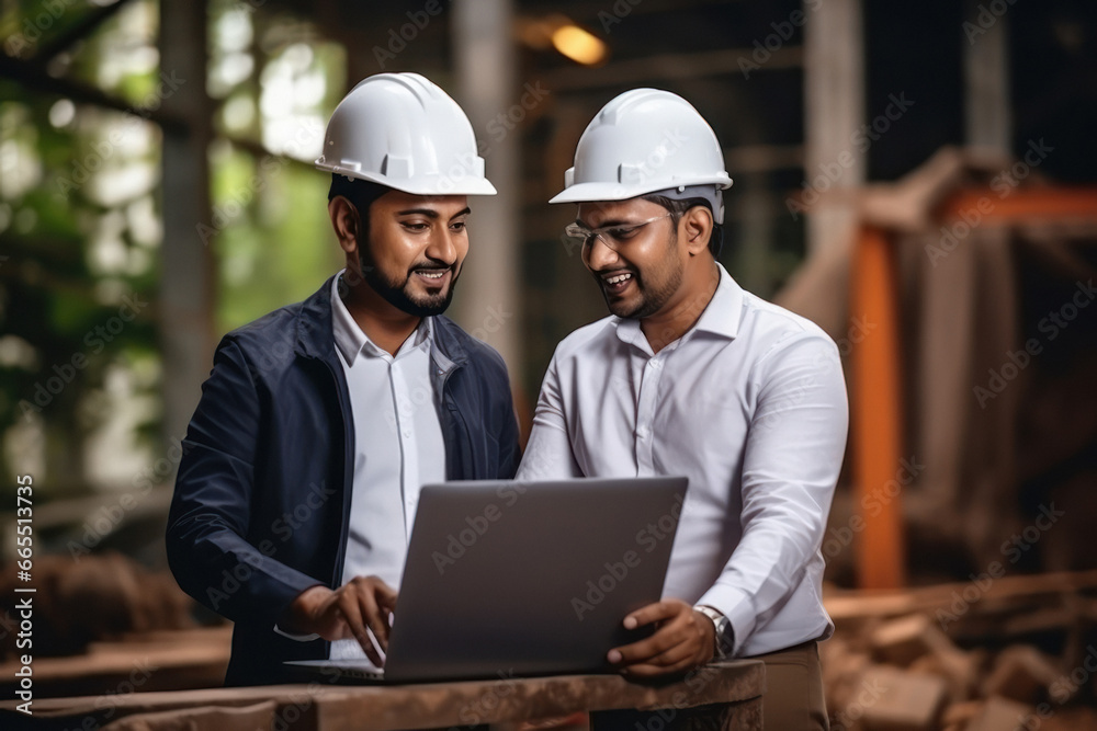 Two indian engineers checking information on a laptop.