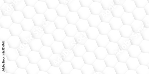Fototapeta Naklejka Na Ścianę i Meble -  Abstract background with 3D Futuristic honeycomb mosaic white background and White surface with hexagonal shapes showing both sides .Realistic geometric mesh cells and paper texture design.