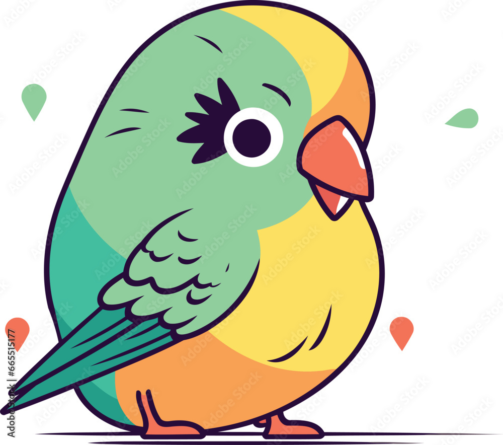 Cute green parrot on white background. Flat vector illustration.