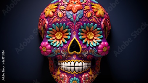 3D rendered day of the dead sugar skull with colorful pattern isolated on black background