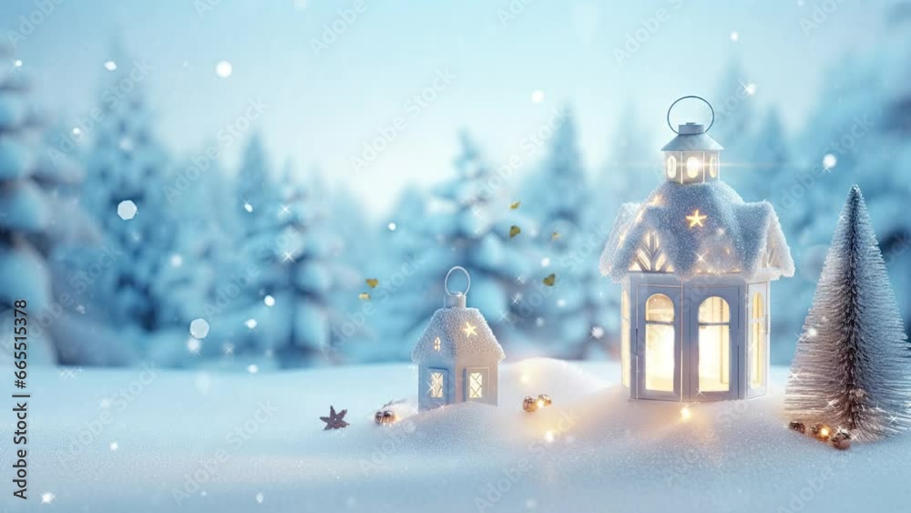 Christmas decorations with snowfall and small lantren decorated with Christmas trees. with cartoon style. seamless looping time-lapse virtual video animation background. Christmas decorations with snowfall and small lantren decorated with Christmas trees. with cartoon style. seamless looping time-lapse virtual video animation background.