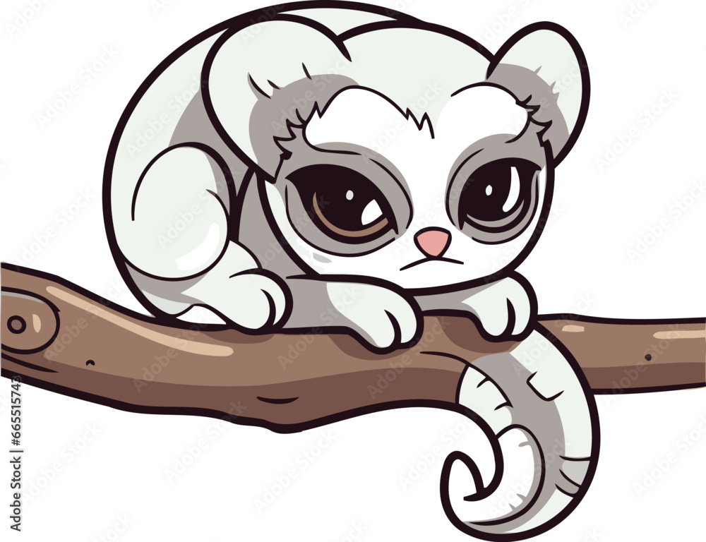 Obraz premium Cute cartoon lemur on a tree branch. Vector illustration.