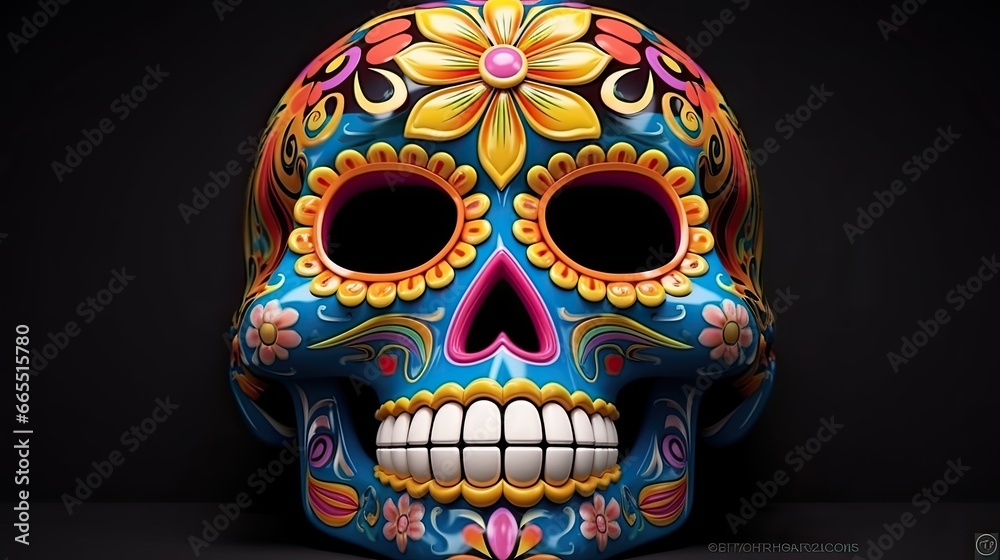 3D rendered day of the dead sugar skull with colorful pattern isolated on black background