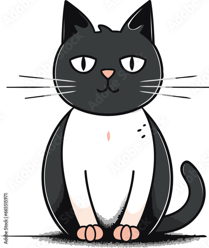 Cute cartoon black and white cat sitting on white background. Vector illustration.