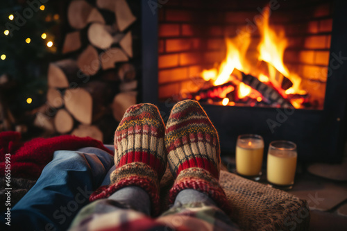 Cold fall or winter evening. People resting by the fire. Closeup photo of feet in woolen socks. Cozy scene.