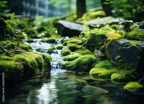green moss by the flowing water in the forest