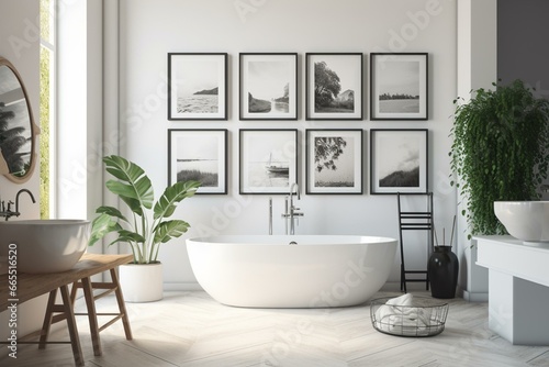 Vibrant bathroom with five blank white posters and a bathtub. Generative AI © Sawyer