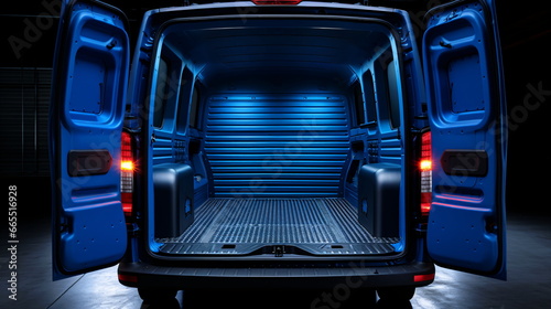 Rear view of an empty logistics truck with its trunk with open doors. Huge rear view of an empty blue van with open trunk. Generative AI