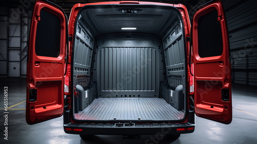 Rear view of an empty logistics truck with its trunk with open doors. Huge rear view of an empty red van with open trunk. Generative AI