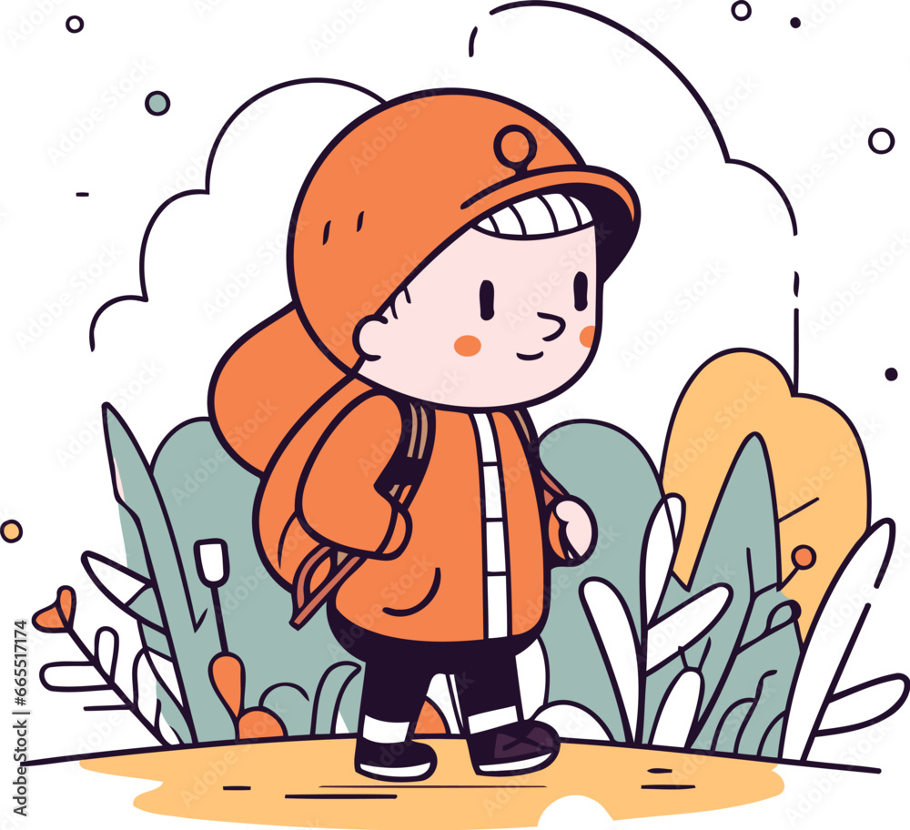 Cute little girl in warm clothes walking in the park. Vector illustration.