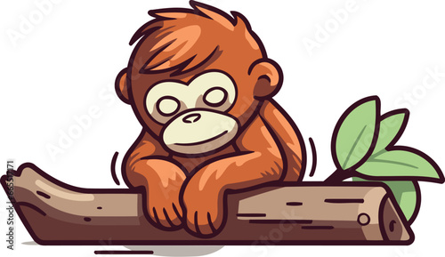 Orangutan cartoon character sitting on a log. Vector illustration.