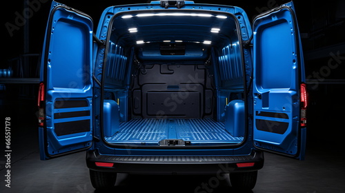 Rear view of an empty logistics truck with its trunk with open doors. Huge rear view of an empty bleu van with open trunk. Generative AI