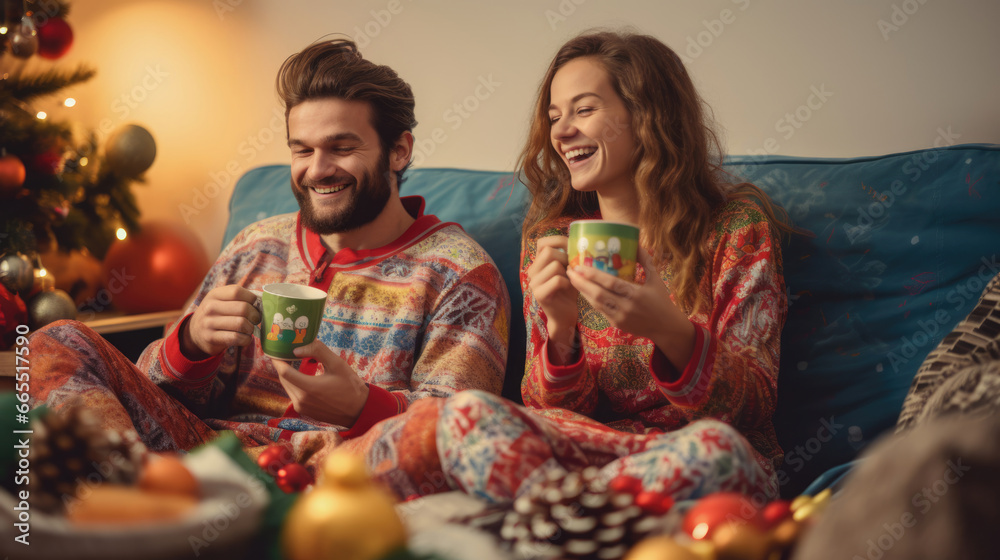 Friends wearing holiday-themed pajamas,  representing various cultures,  having a cozy Christmas morning