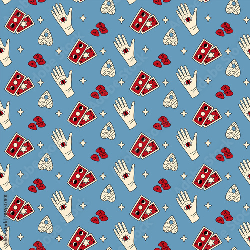 Cute doodle illustration in flat style, seamless pattern hand, tarot cards and ouija board on blue background, fortune telling. Witch items, witchcraft.