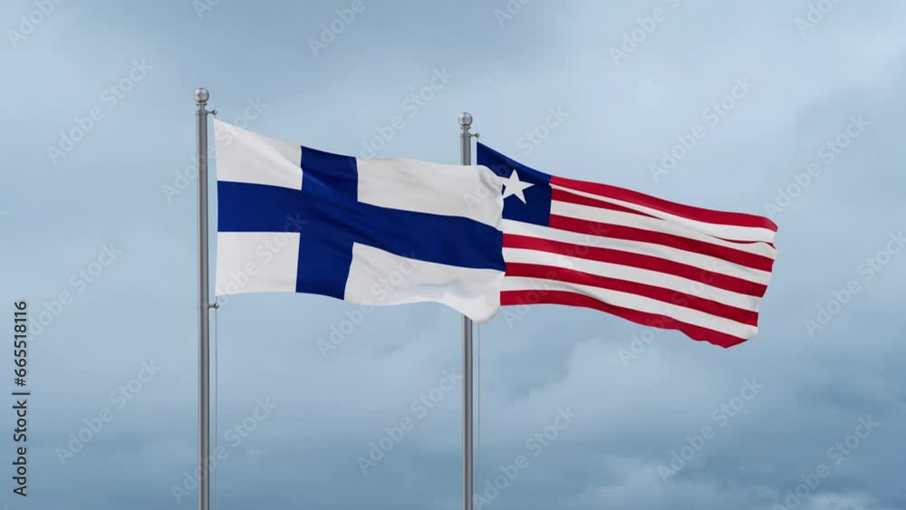 Liberia and Finland flag waving together on cloudy sky, endless seamless loop, two country cooperation concept Liberia and Finland flag waving together on cloudy sky, endless seamless loop, two country cooperation concept