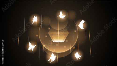 Abstract Dark Background With Butterflies Insects Glow Light Shine Flashes Vector Design Style