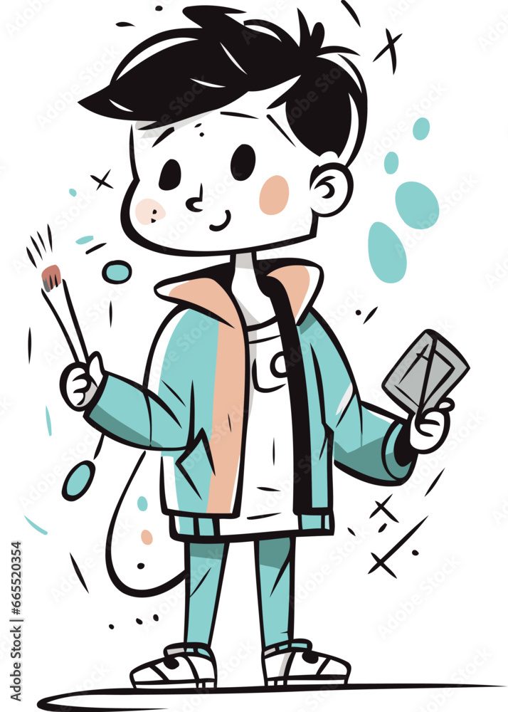 Fototapeta premium Cute little boy with paintbrush and palette. Vector illustration.
