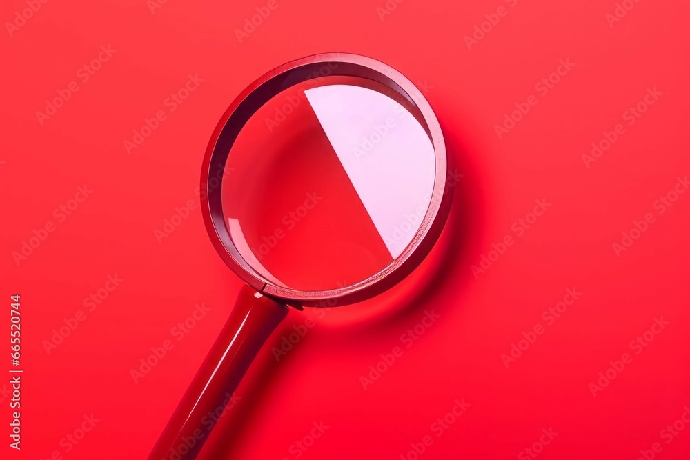 Magnifying glass tool on red background. Investigation and searching info equipment top view. Generate ai Magnifying glass tool on red background. Investigation and searching info equipment top view. Generate ai