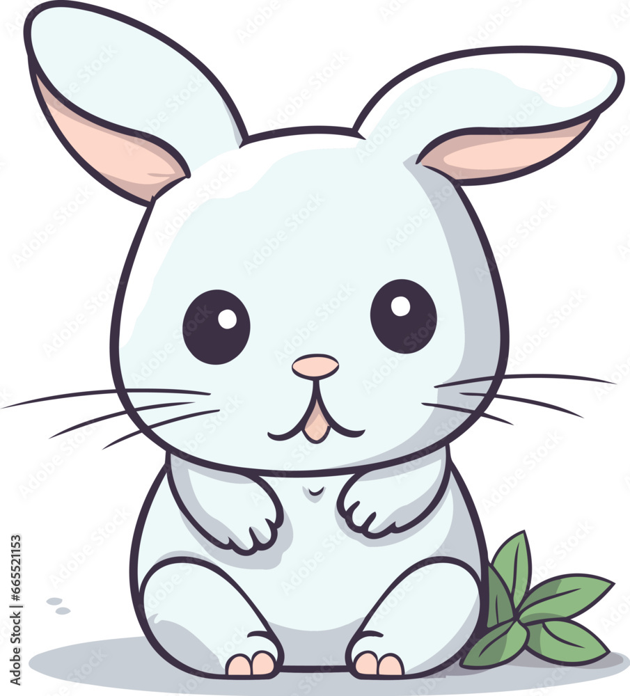 Cute white rabbit with green leafs character cartoon vector illustration.