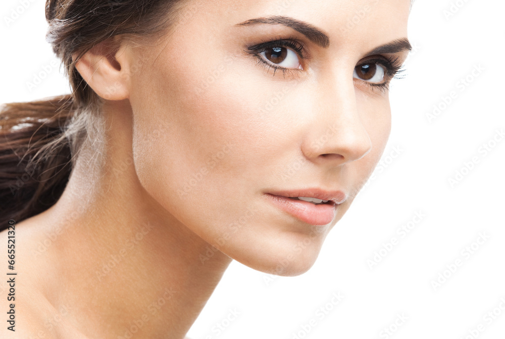 Face portrait photo of beautiful woman, isolated against white background. Studio image of brunette beauty girl. Face portrait photo of beautiful woman, isolated against white background. Studio image of brunette beauty girl.