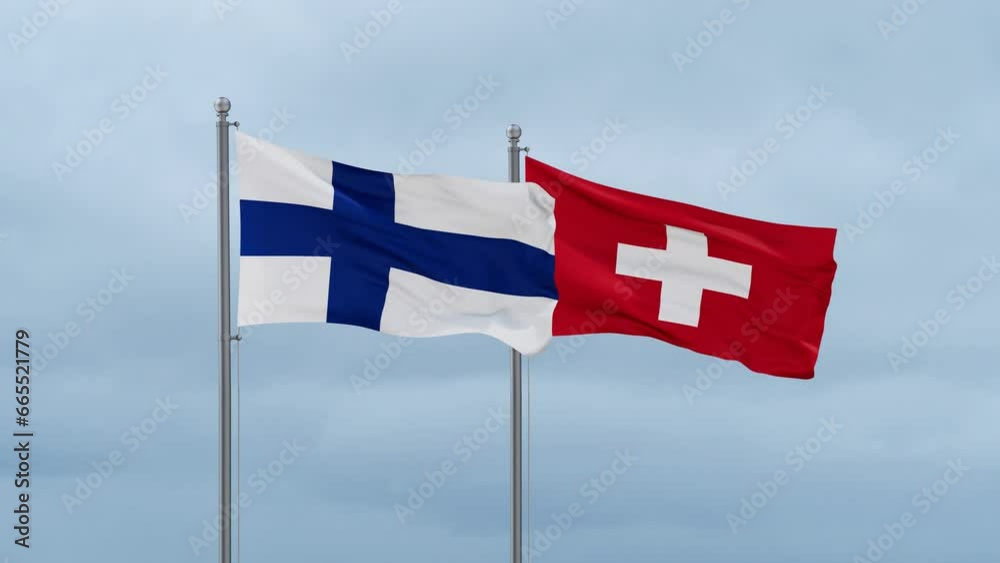Switzerland and Finland flag waving together on cloudy sky, endless seamless loop, two country cooperation concept