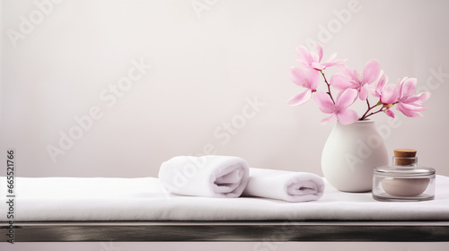 A spa-like setting with a vase of pink flowers, a rolled up white towel, and a small jar with a cork lid. The background is a light pink wall.