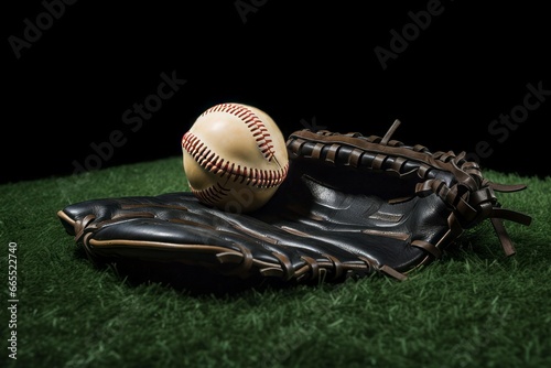 Baseball glove with playing ball on green grass. Baseball leather mitt with white softball. Generate ai