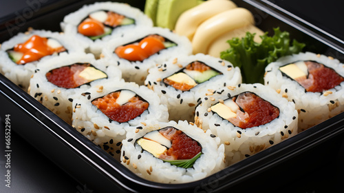  Detailed Sushi Roll on a Square Black Plate