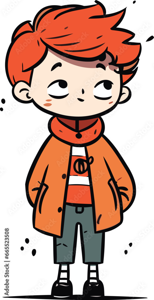Cute Red Haired Boy Cartoon Character in Warm Clothes Vector Illustration