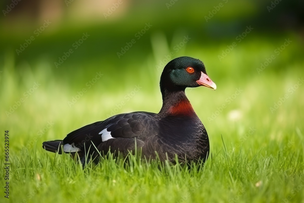 Black Muscovy duck in green field. Bird with dark feathers in outdoor green grass. Generate ai Black Muscovy duck in green field. Bird with dark feathers in outdoor green grass. Generate ai