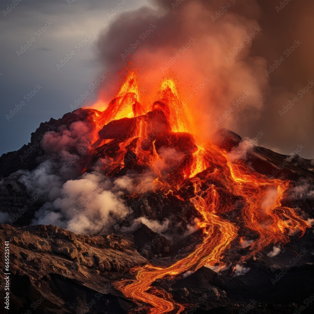 Intense lava and molten rock spewing from the volcano's crater, accompanied by dark smoke billowing into the sky. Cumbre Vieja volcanic eruption