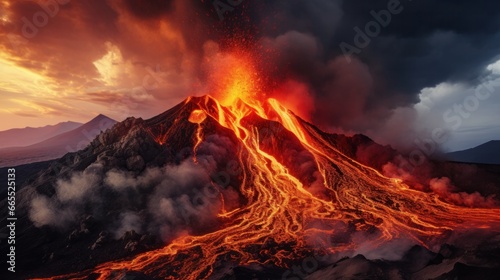 Intense lava and molten rock spewing from the volcano's crater, accompanied by dark smoke billowing into the sky. Cumbre Vieja volcanic eruption