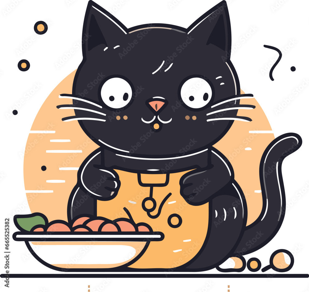 Obraz premium Cute black cat with a bowl of food. Vector illustration.