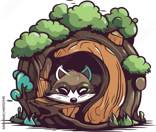 Raccoon in a hole in the tree. Vector illustration.