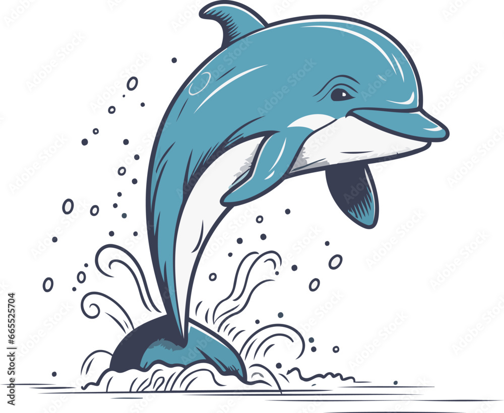 Fototapeta premium Dolphin jumping out of the water. Hand drawn vector illustration.
