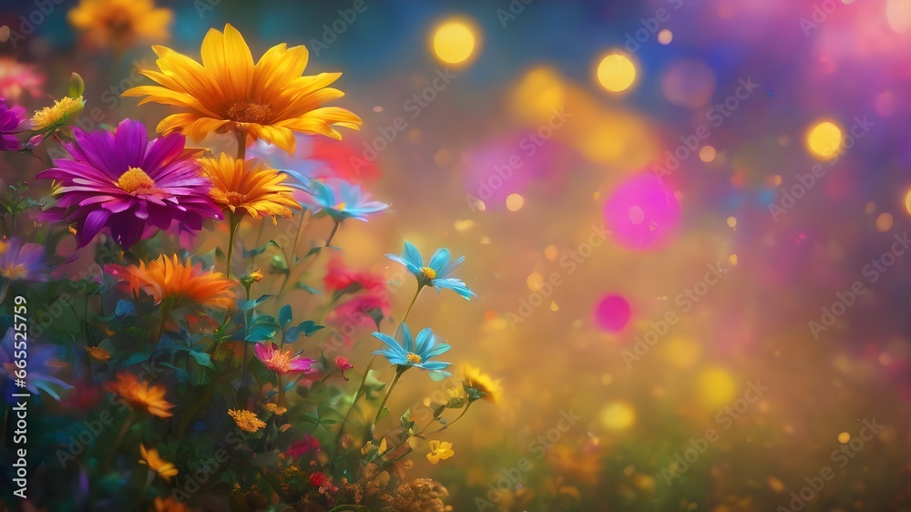 Colorful flower arrangements in a colored bokeh background
