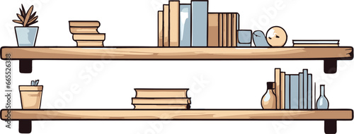Minimalistic vector comic style image with flat colors, showcasing a simple and organized shelf.