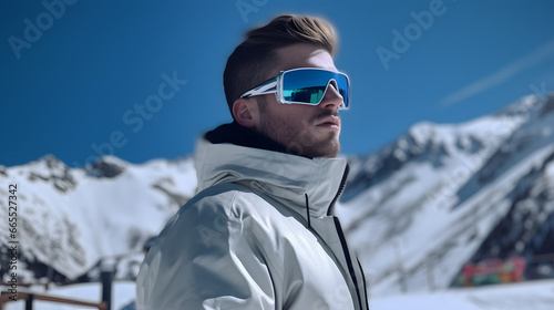 Man in a ski suit and sunglasses on the background of a snowy mountain