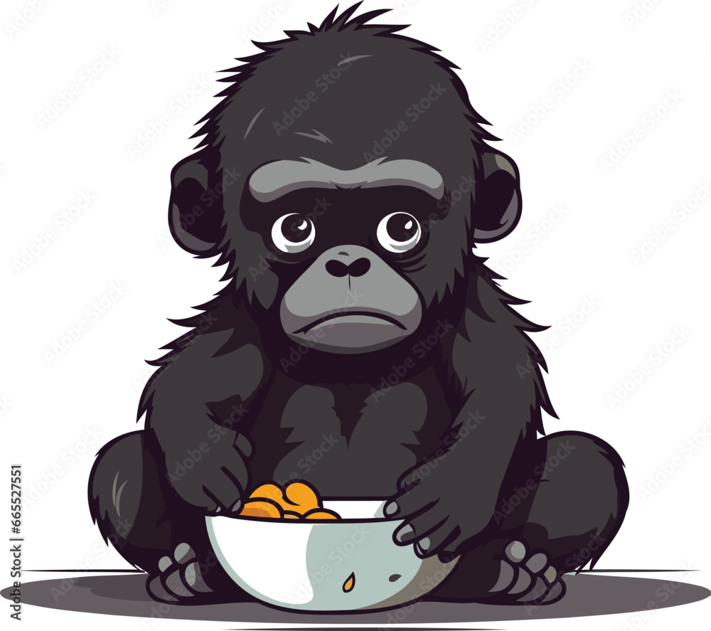 Gorilla with a bowl of oatmeal. Vector illustration. Gorilla with a bowl of oatmeal. Vector illustration.