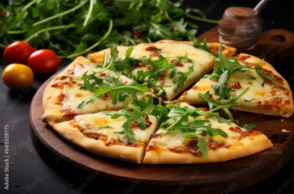 Slice of tasty cheese pizza with arugula and vegetable fresh. Snack wooden meal salami. Generate Ai Slice of tasty cheese pizza with arugula and vegetable fresh. Snack wooden meal salami. Generate Ai