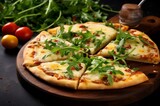 Slice of tasty cheese pizza with arugula and vegetable fresh. Snack wooden meal salami. Generate Ai