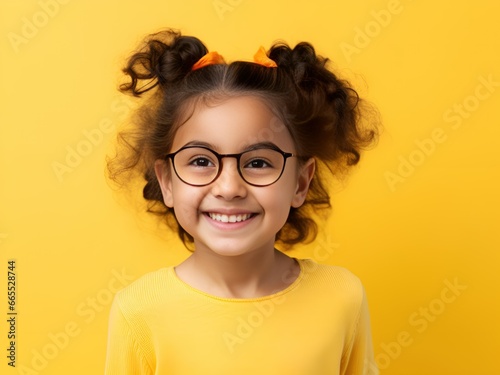 Portrait of a Cute and Innocent Fictional Little Girl Smiling. Joyful Facial Expression, Isolated on a Plain Colored Background. Generative AI.