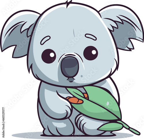 Cute koala with a leaf in his hand. Vector illustration.